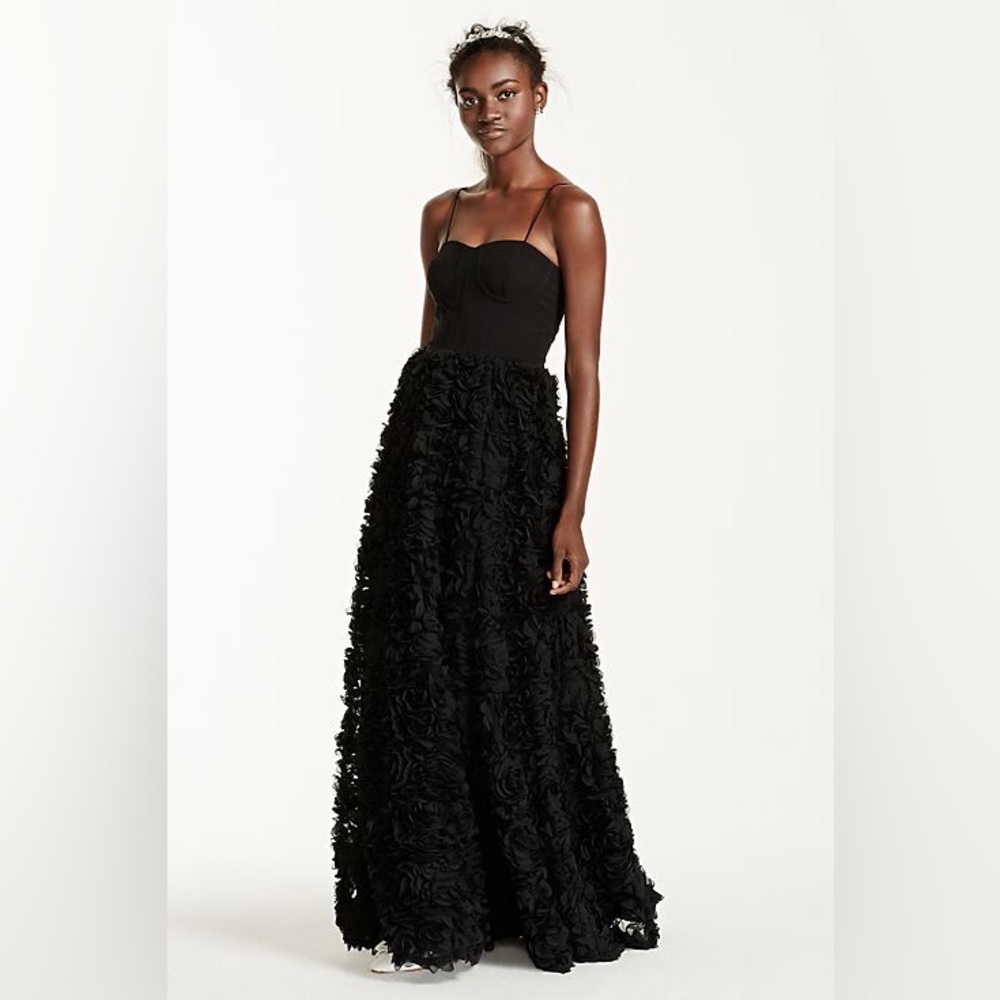 AIDAN MADDOX Black corset gown with floral 3d texture skirt